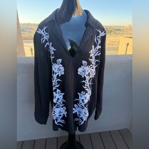 INC International Concepts Black Blouse with White Floral Design